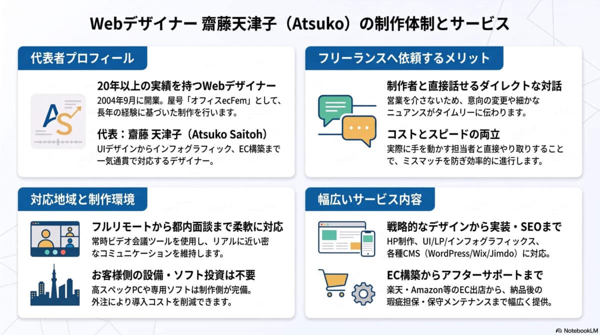 フリーランスへ依頼するメリット、お客様側の設備ソフト投資は不要、幅広いサービス内容、戦略的なデザインから実装・SEO/OGP、EC構築からアフターサポートまで